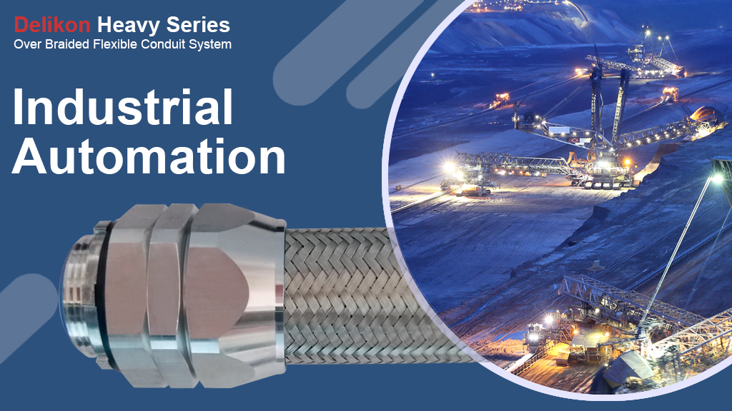 Delikon EMI RFI Shielding Heavy Series Over Braided Liquid Tight Flexible Conduit and EMI RFI Shield Termination Heavy Series Connector safeguard Automation Systems and Intelligent Electronic Devices IED cables