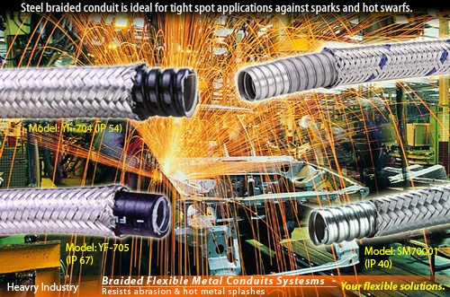 Steel braided flexible conduit is ideal for tight spot applications where high protection is required against sparks and hot swarfs.
