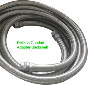 Delikon Heavy Series Over Braided Flexible Conduit with Military Circular Connector Backshells, Delikon Conduit adapter Backshells are also commonly used to protect Computer Numerical Control CNC machines, milling machines, lathes, and grinders cables