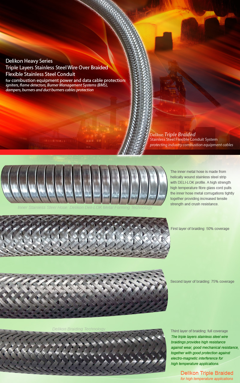 Delikon Triple Layers Stainless Steel Wire Over Braided Flexible Stainless Steel Conduit system provides protection for combustion equipment power and data cable: igniters, flame detectors, Burner Management Systems(BMS), and Combustion Control System (CCS) cables. This heavy series over braided flexible stainless steel conduit is a reliable protection sheath for flame detector flexible fiber optic assembly.
