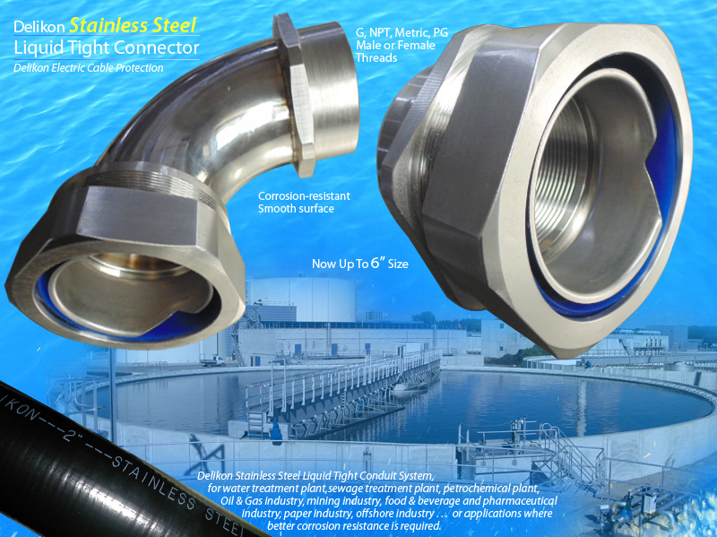 Delikon Stainless Steel Liquid Tight Conduit and Liquid Tight Stainless Steel Connector are widely chosen by water treatment plant, sewage treatment plant, petrochemical plant, Oil & Gas industry, mining industry, food & beverage and pharmaceutical industry, paper industry, offshore industry . . . or applications where better corrosion resistance is required.